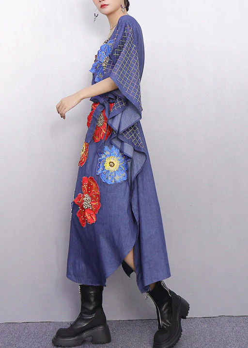 Fitted Denim Blue Floral Nail Bead Maxi Dresses Batwing Sleeve - Image 5