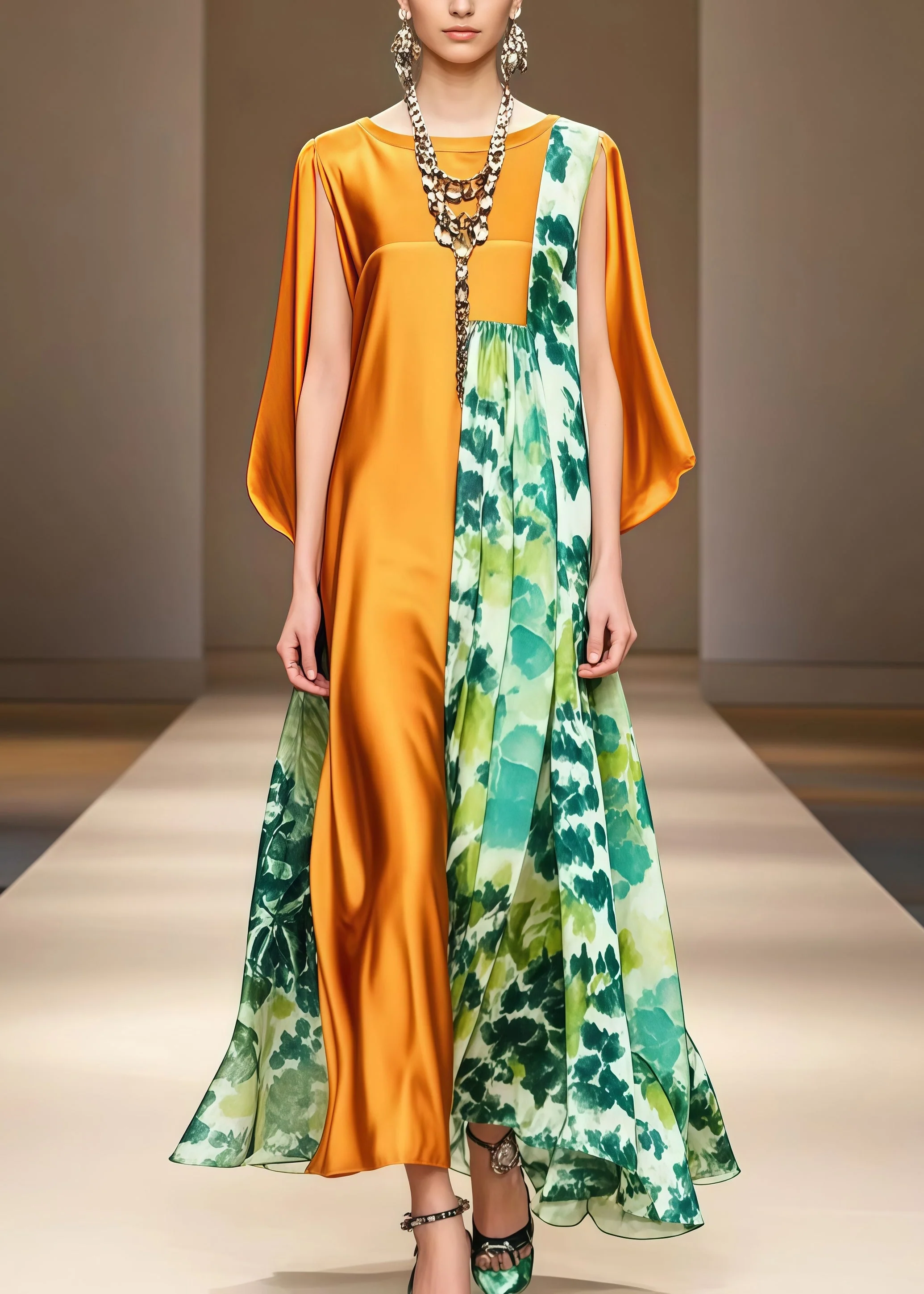 Fitted Golden Asymmetrical Patchwork Print Silk Maxi Dress Summer - Image 3