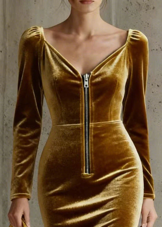 Fitted Golden Zip Up Wraped Silk Velvet Dresses Spring - Image 2