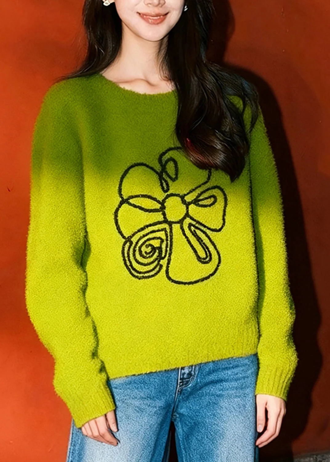 Fitted Grass Green Oversized Floral Knit Sweaters Winter - Image 5