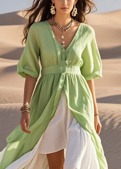 Fitted Green Asymmetrical Exra Large Hem Cotton Holiday Dress Summer - Image 2