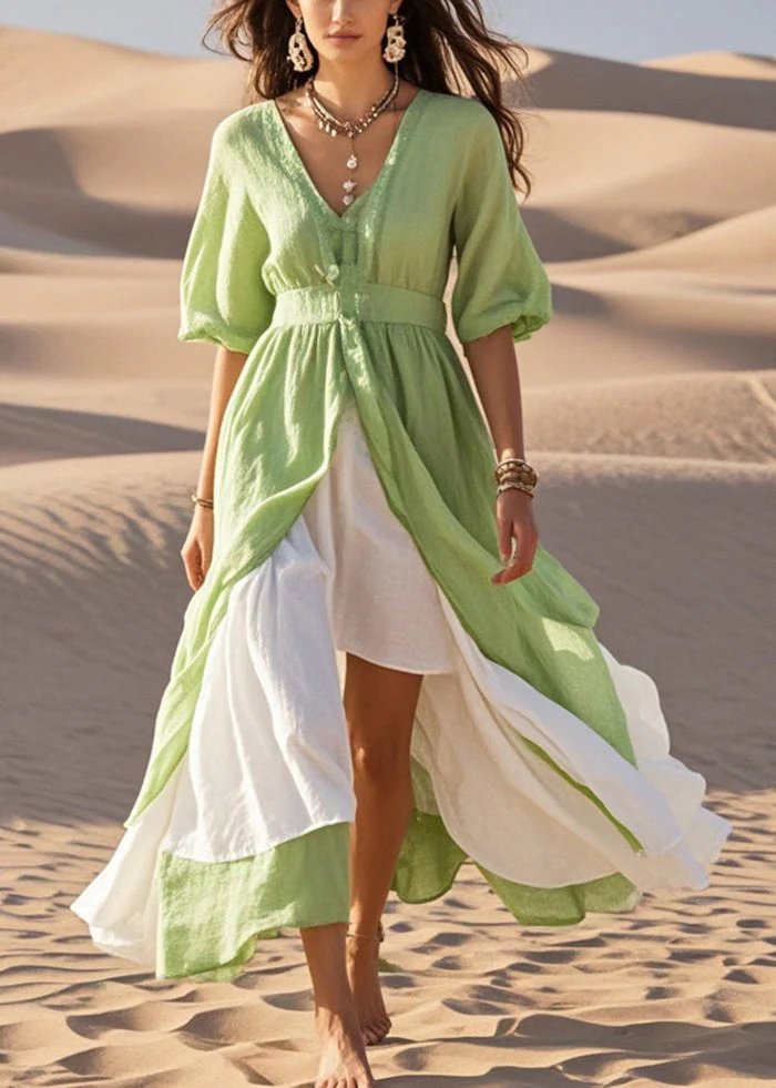 Fitted Green Asymmetrical Exra Large Hem Cotton Holiday Dress Summer - Image 3