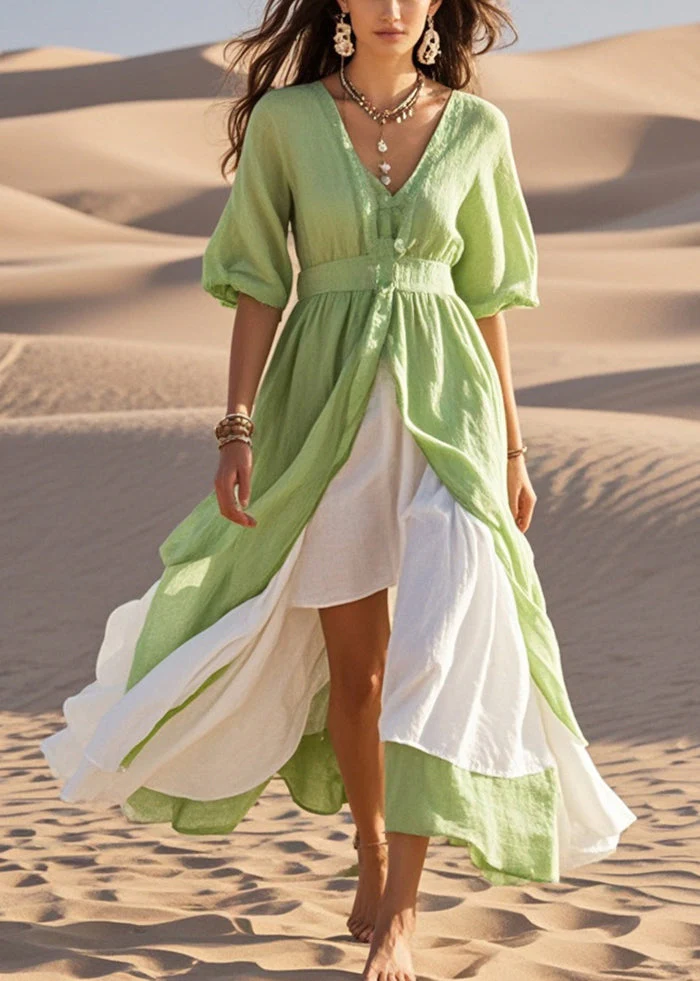 Fitted Green Asymmetrical Exra Large Hem Cotton Holiday Dress Summer - Image 5
