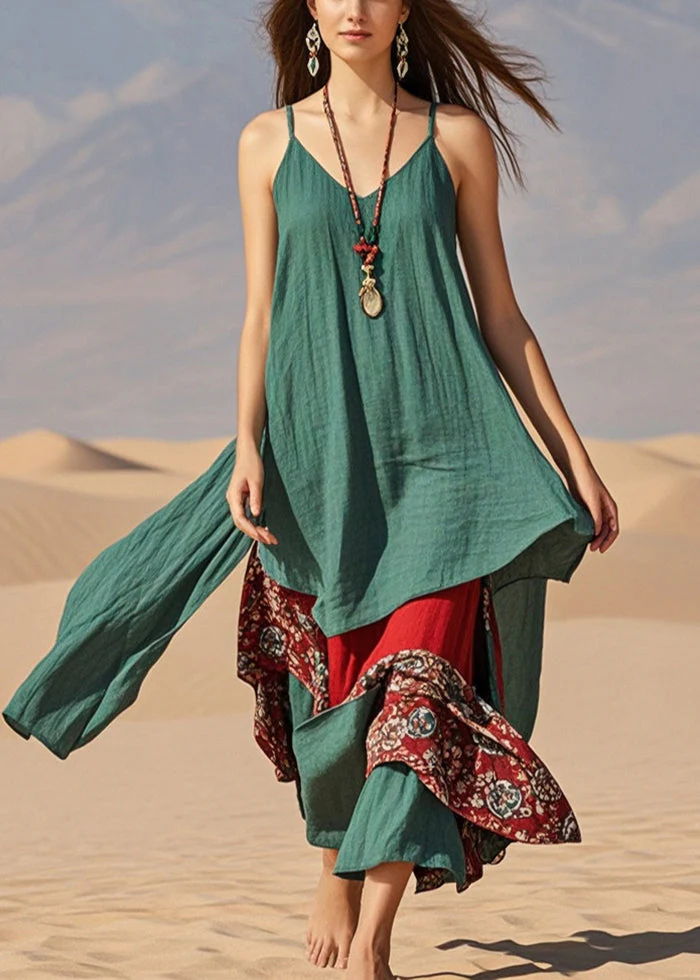 Fitted Green Asymmetrical Patchwork Cotton Mini Dress Summer - Image 3