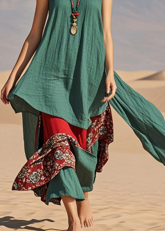 Fitted Green Asymmetrical Patchwork Cotton Mini Dress Summer - Image 4