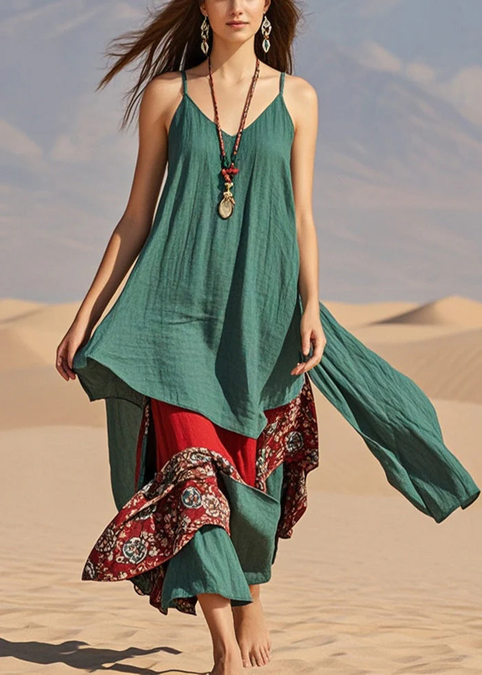 Fitted Green Asymmetrical Patchwork Cotton Mini Dress Summer - Image 5