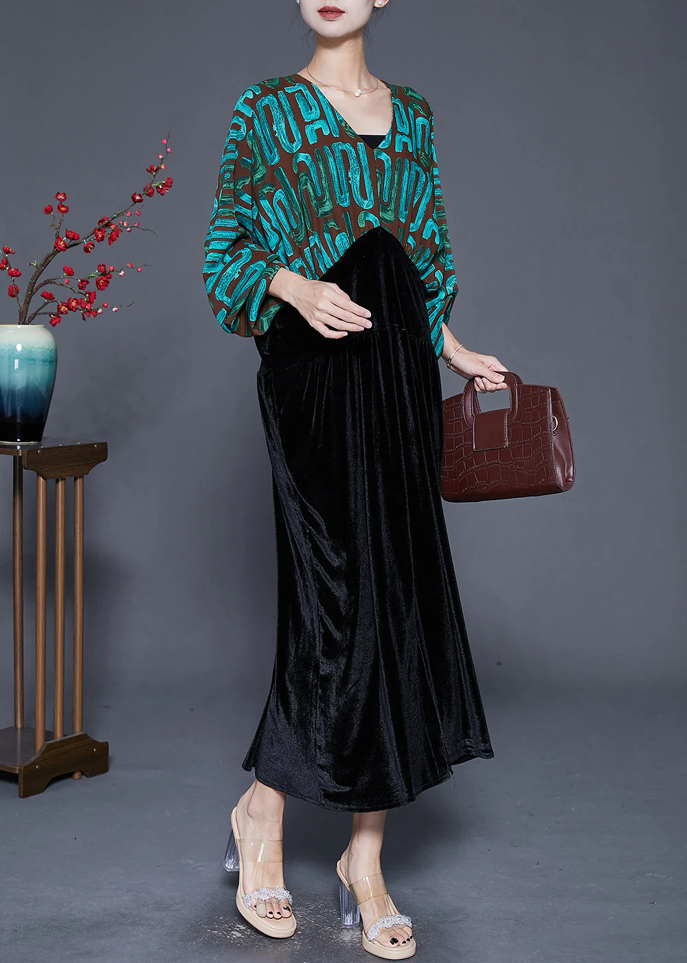 Fitted Green Cinched Patchwork Print Silk Velour Dress Batwing Sleeve - Image 3