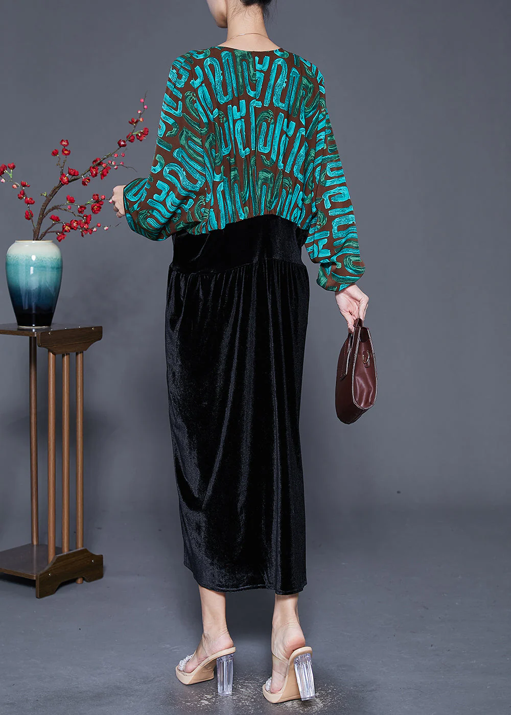 Fitted Green Cinched Patchwork Print Silk Velour Dress Batwing Sleeve - Image 4