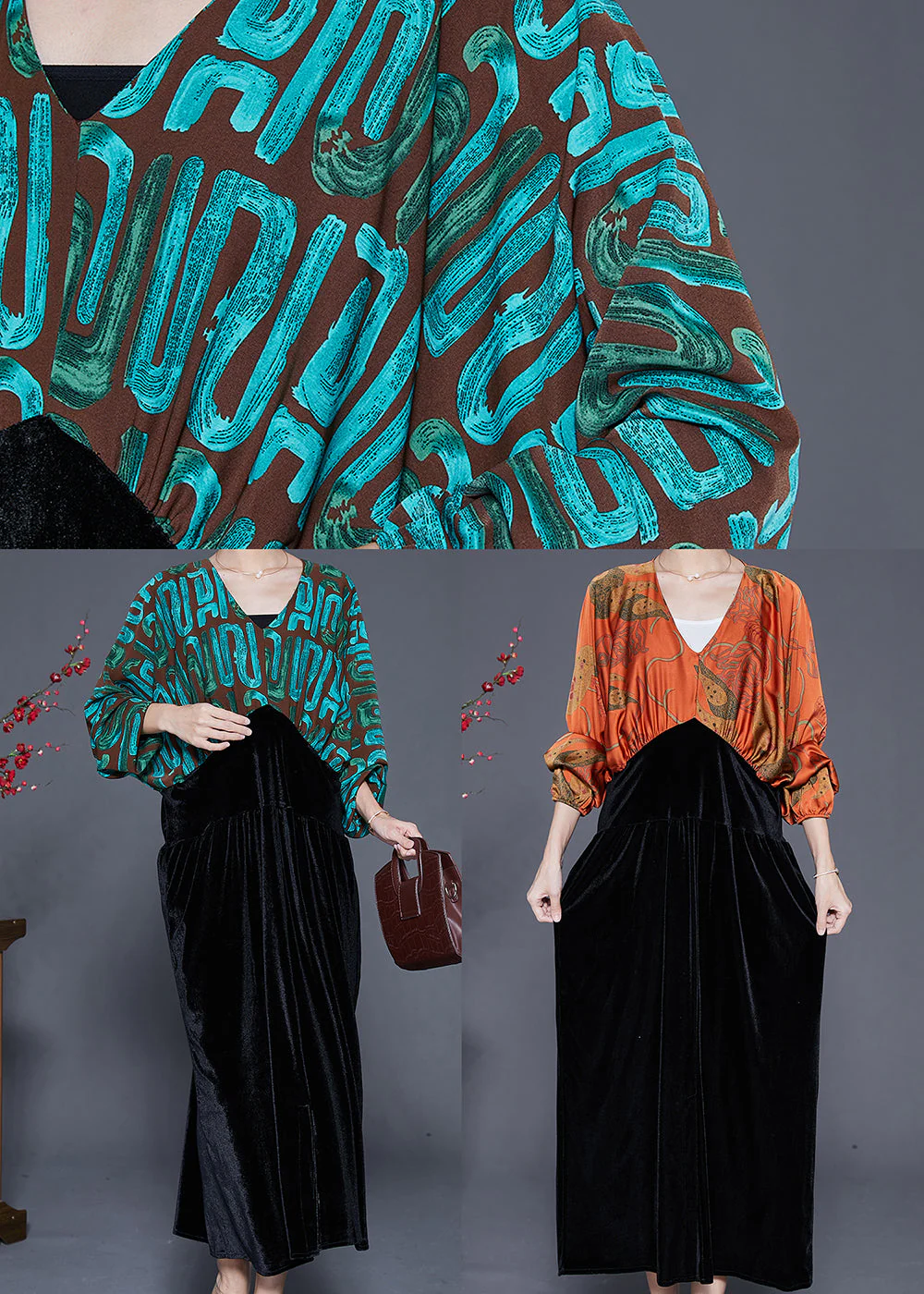 Fitted Green Cinched Patchwork Print Silk Velour Dress Batwing Sleeve - Image 5