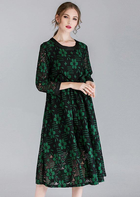 Fitted Green Hollow Out Jacquard Spring Long Sleeve Mid Dress - Image 2