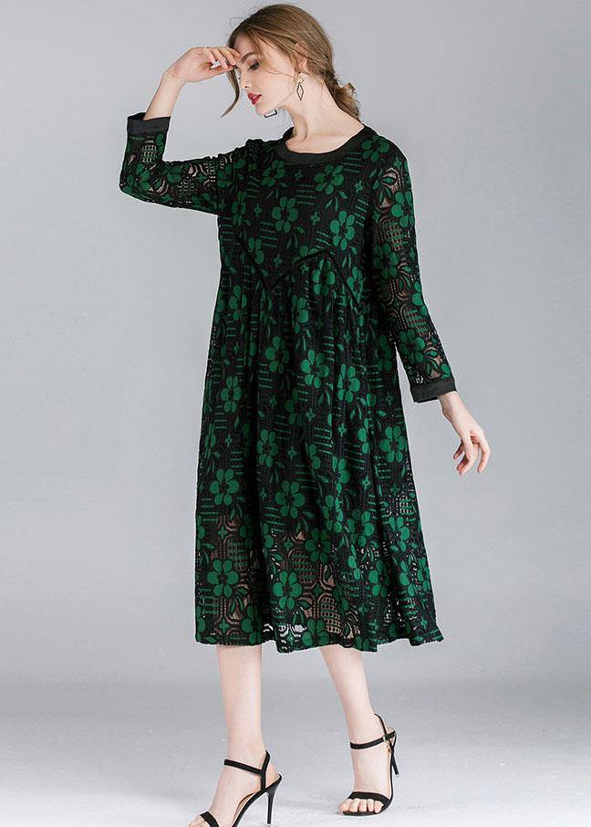 Fitted Green Hollow Out Jacquard Spring Long Sleeve Mid Dress - Image 3