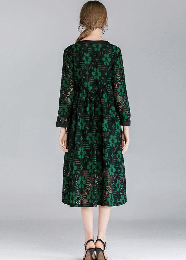 Fitted Green Hollow Out Jacquard Spring Long Sleeve Mid Dress - Image 4