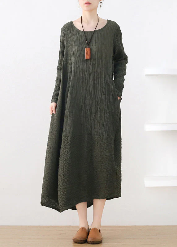 Fitted Green O-Neck Asymmetrical Cotton Maxi Dress Long Sleeve - Image 2