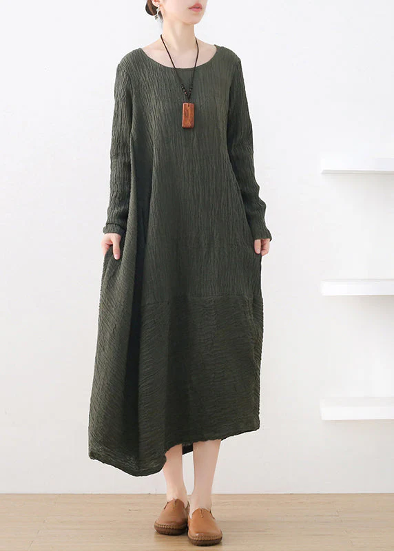 Fitted Green O-Neck Asymmetrical Cotton Maxi Dress Long Sleeve - Image 3
