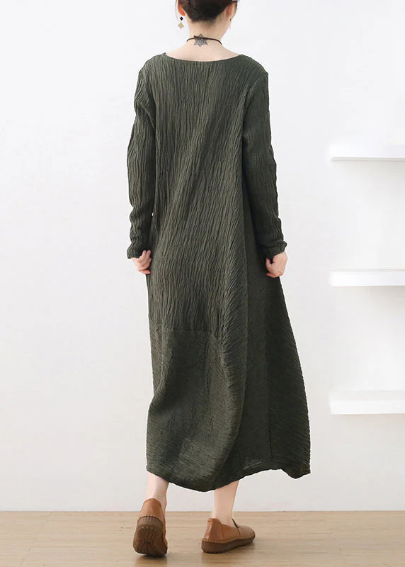 Fitted Green O-Neck Asymmetrical Cotton Maxi Dress Long Sleeve - Image 4