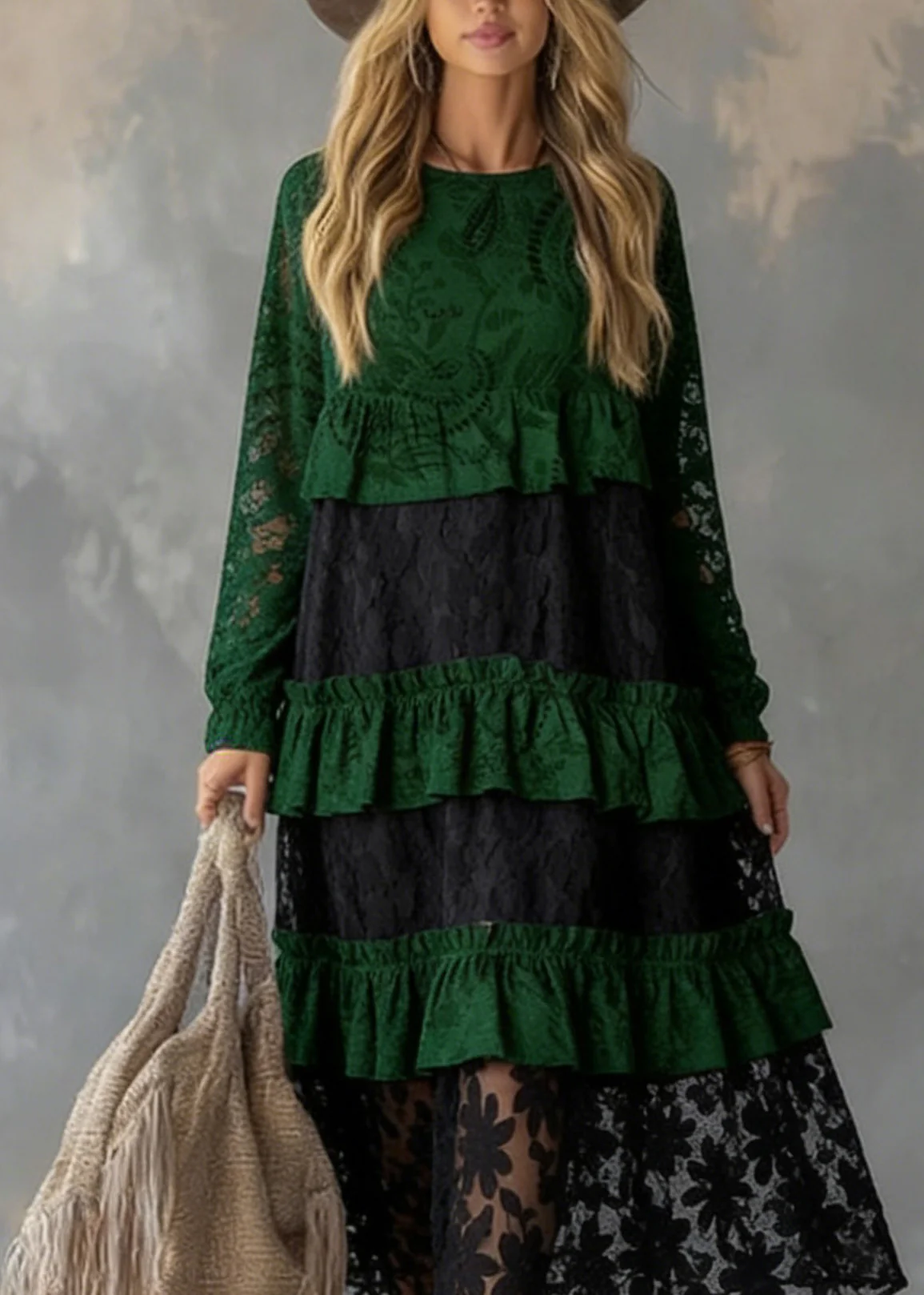 Fitted Green O Neck Ruffled Lace atchwork Cotton Dress Spring - Image 2