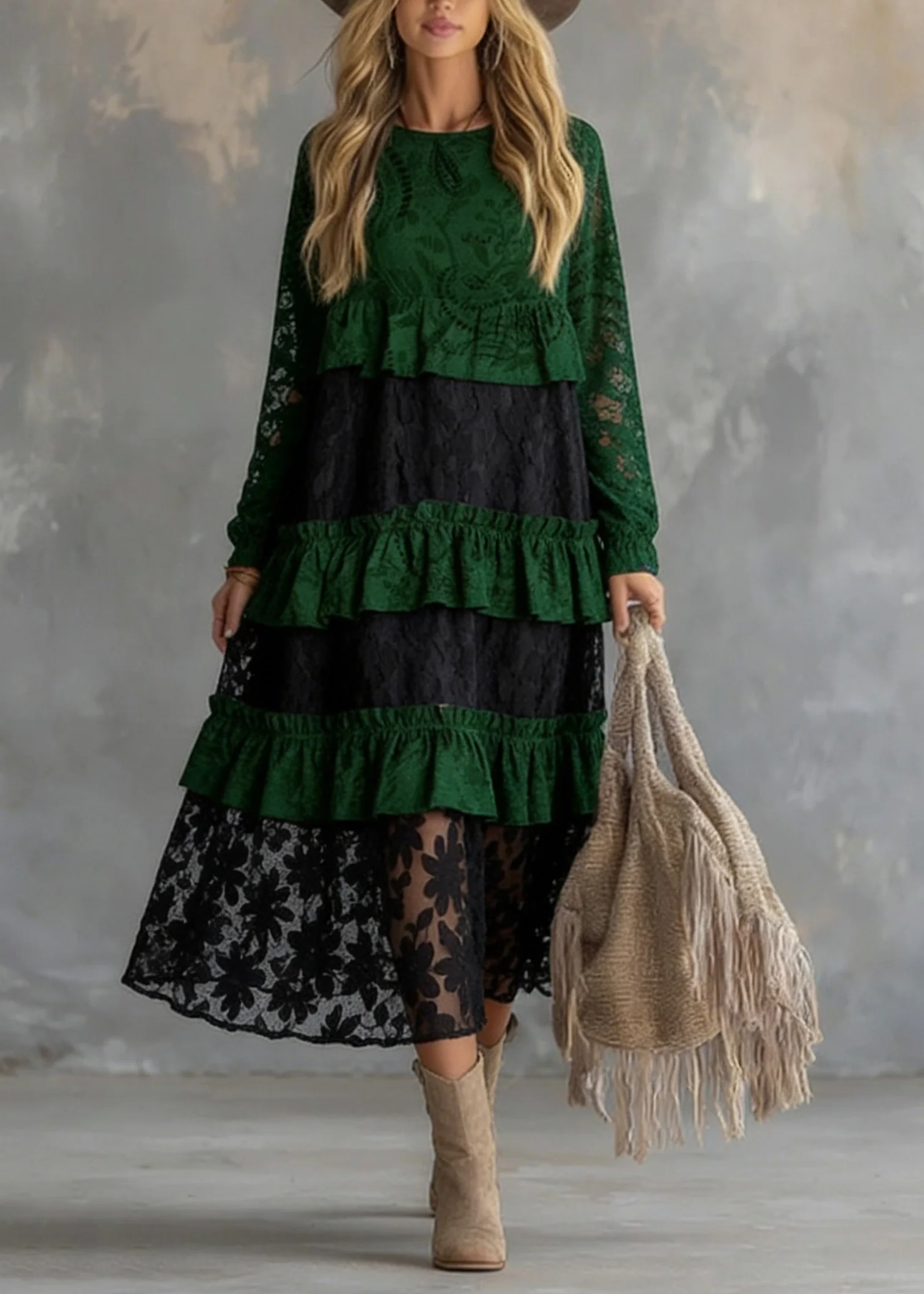Fitted Green O Neck Ruffled Lace atchwork Cotton Dress Spring - Image 3