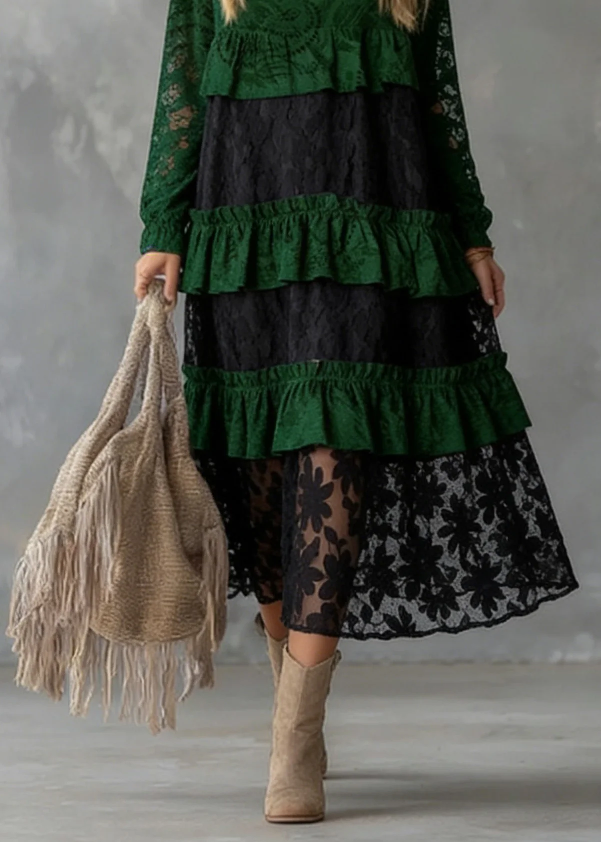 Fitted Green O Neck Ruffled Lace atchwork Cotton Dress Spring - Image 4