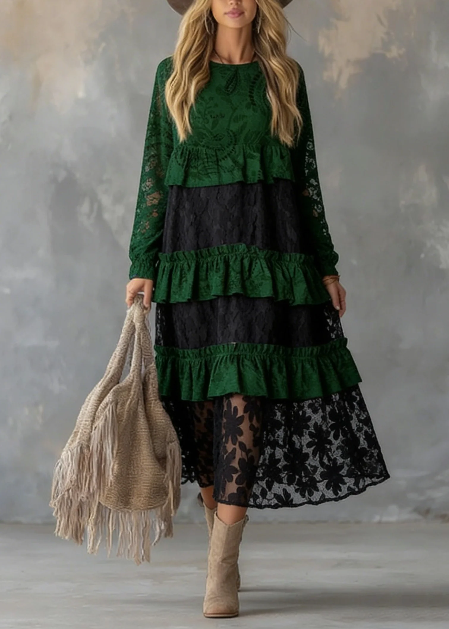 Fitted Green O Neck Ruffled Lace atchwork Cotton Dress Spring - Image 5