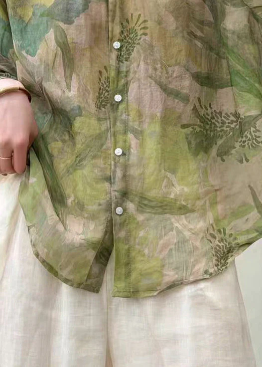 Fitted Green Oversized Print Linen Shirt Tops Half Sleeve - Image 4