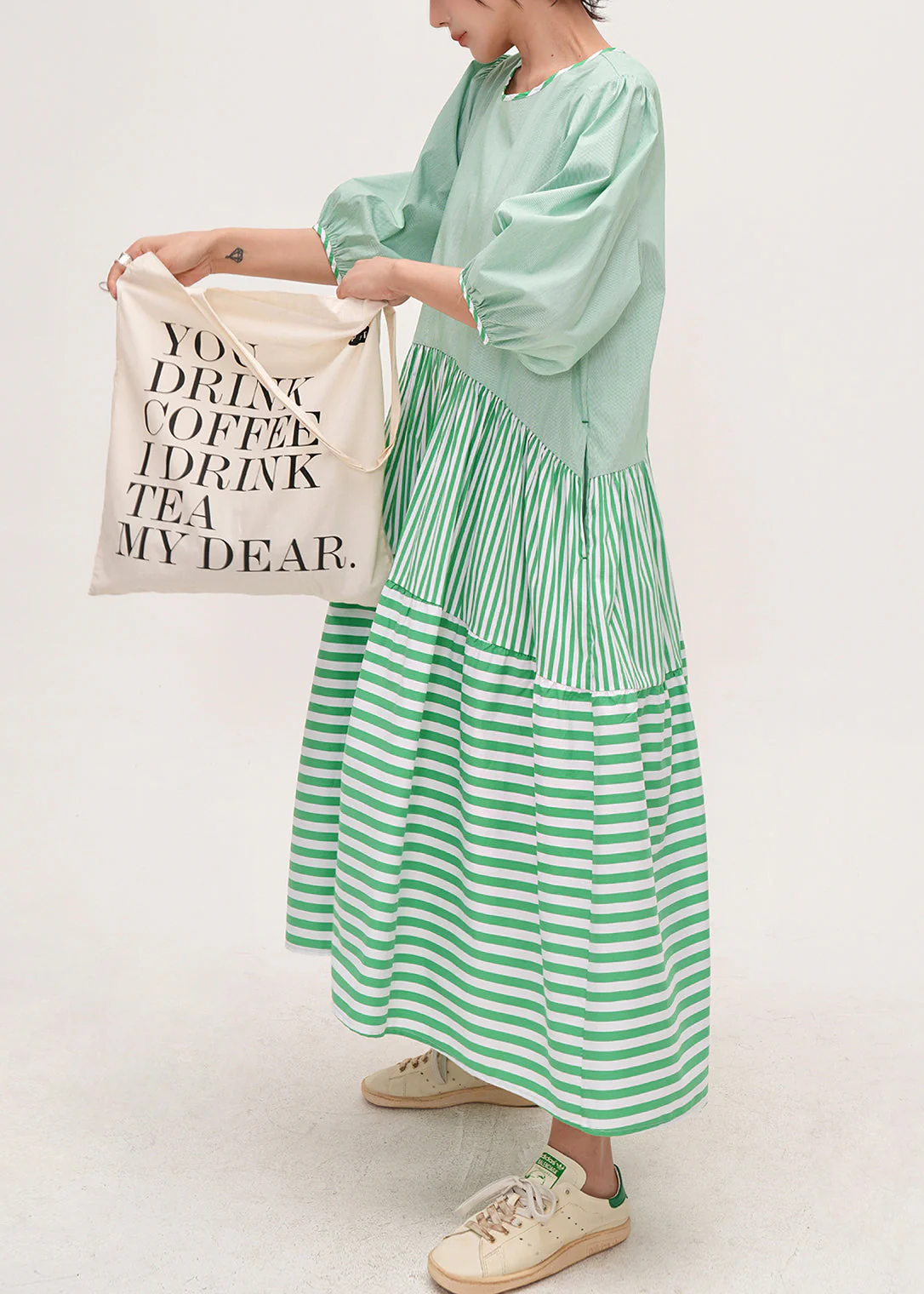 Fitted Green Puff Sleeve Patchwork Striped Cotton Robe Dresses - Image 2