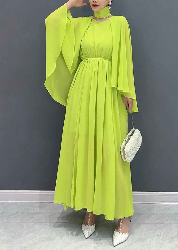 Fitted Green Shawl Collar Patchwork Vacation Maxi Dresses Flare Sleeve - Image 2