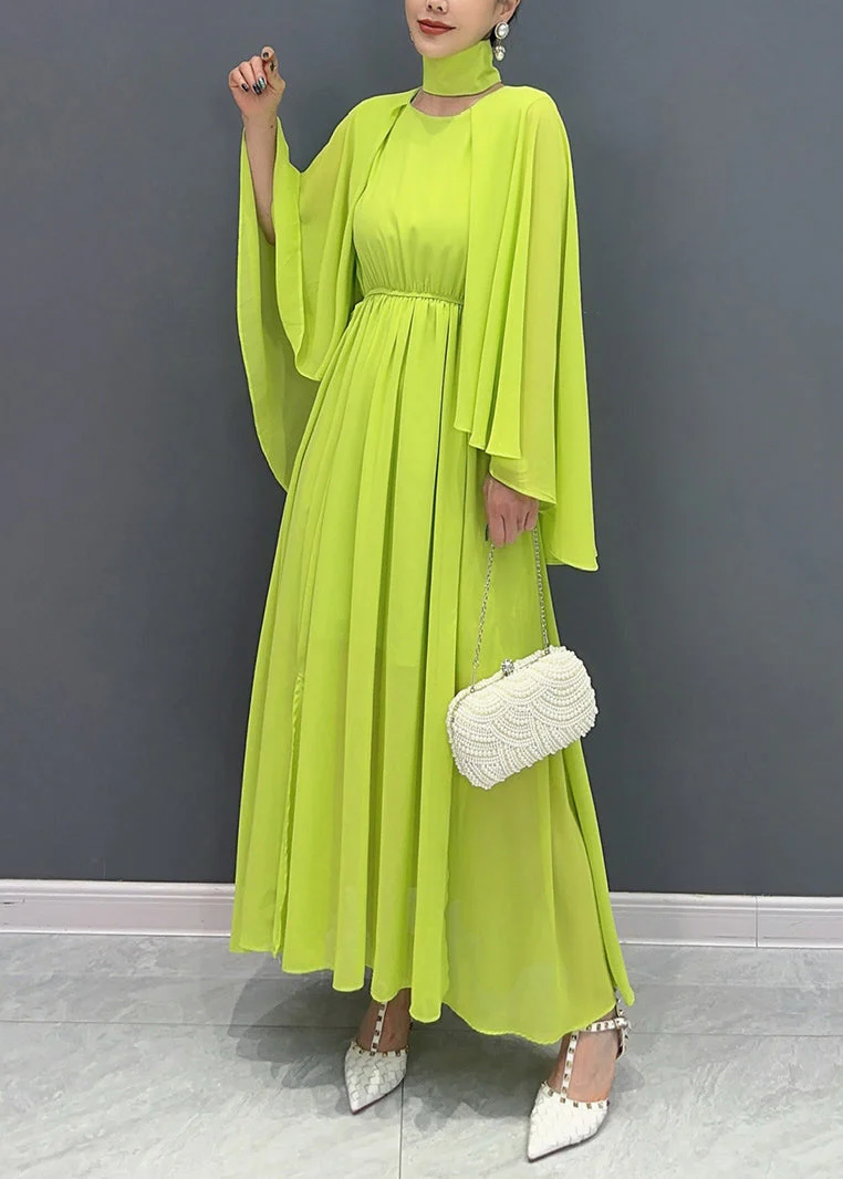 Fitted Green Shawl Collar Patchwork Vacation Maxi Dresses Flare Sleeve - Image 3