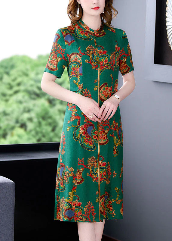 Fitted Green Stand Collar Print Silk Long Dresses Short Sleeve - Image 2