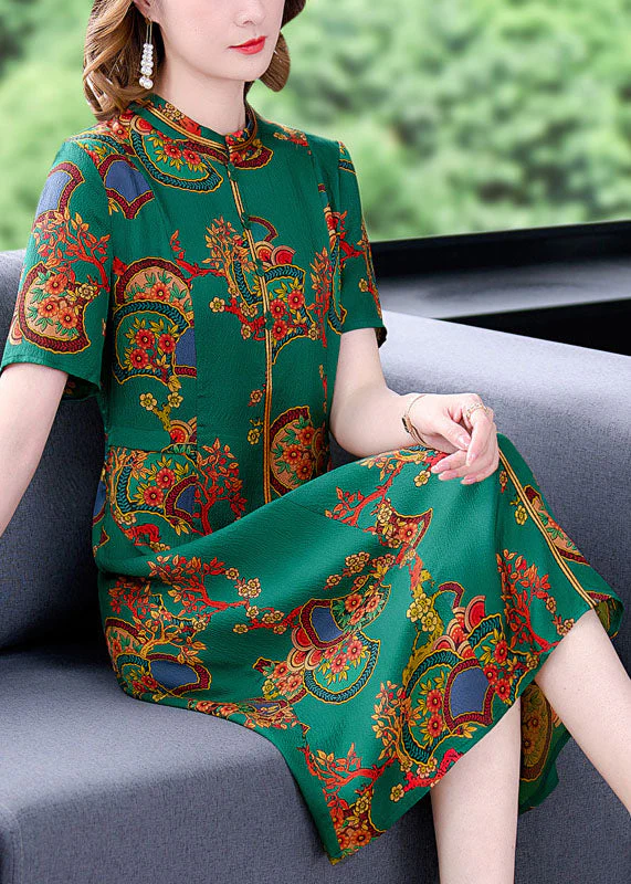 Fitted Green Stand Collar Print Silk Long Dresses Short Sleeve - Image 3