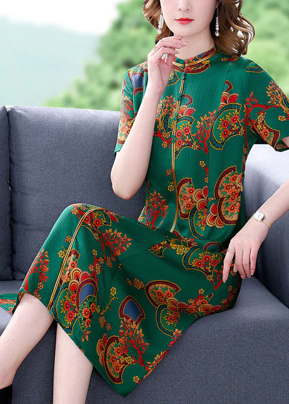 Fitted Green Stand Collar Print Silk Long Dresses Short Sleeve - Image 4