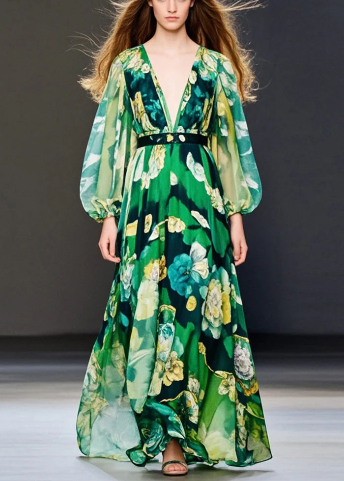 Fitted Green V Neck Print Chiffon Maxi Dress Spring - Image 3