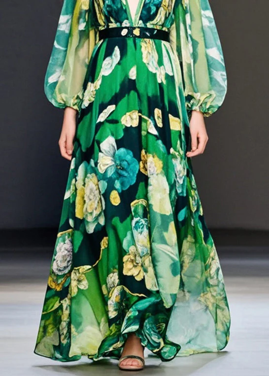 Fitted Green V Neck Print Chiffon Maxi Dress Spring - Image 4