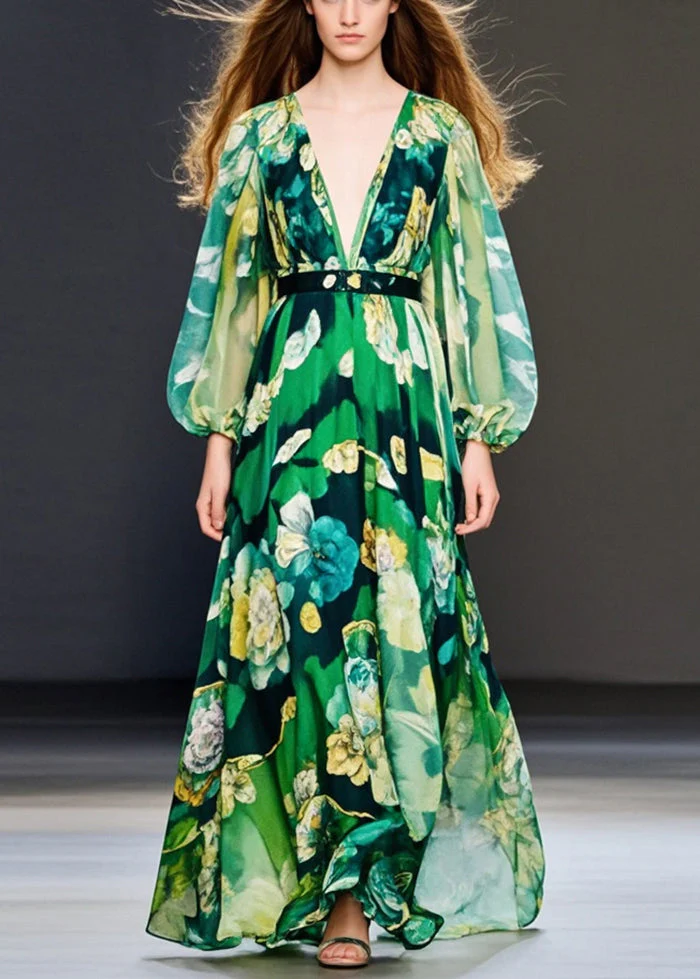 Fitted Green V Neck Print Chiffon Maxi Dress Spring - Image 5
