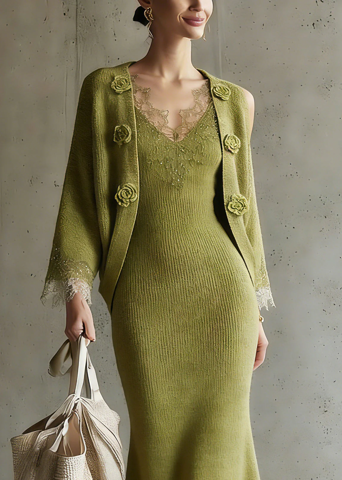 Fitted Green V Neck Sequins Cotton Knit Cardigans And Maxi Skirts Two Pieces Set Three Quarter Sleeve - Image 2