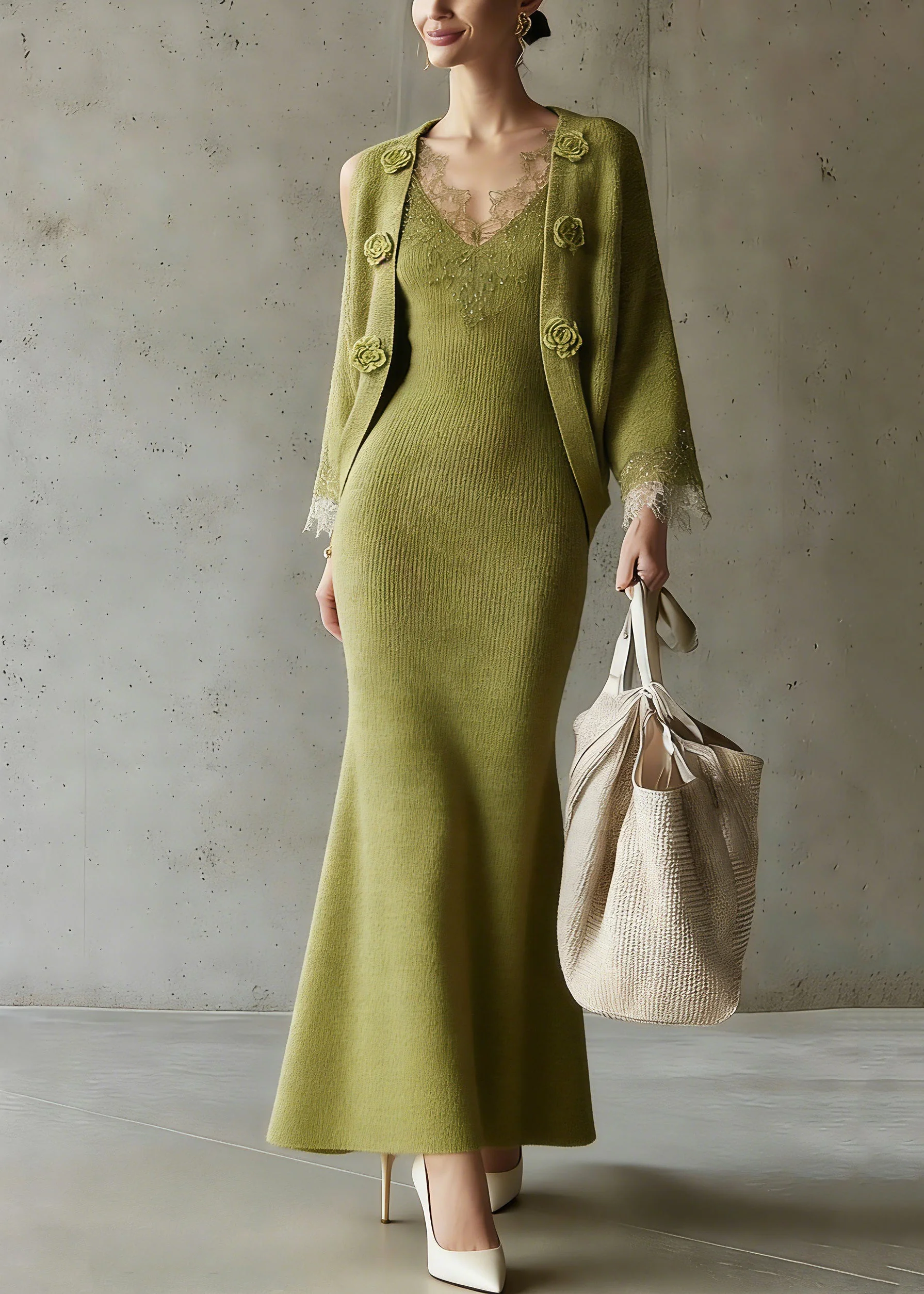 Fitted Green V Neck Sequins Cotton Knit Cardigans And Maxi Skirts Two Pieces Set Three Quarter Sleeve - Image 3