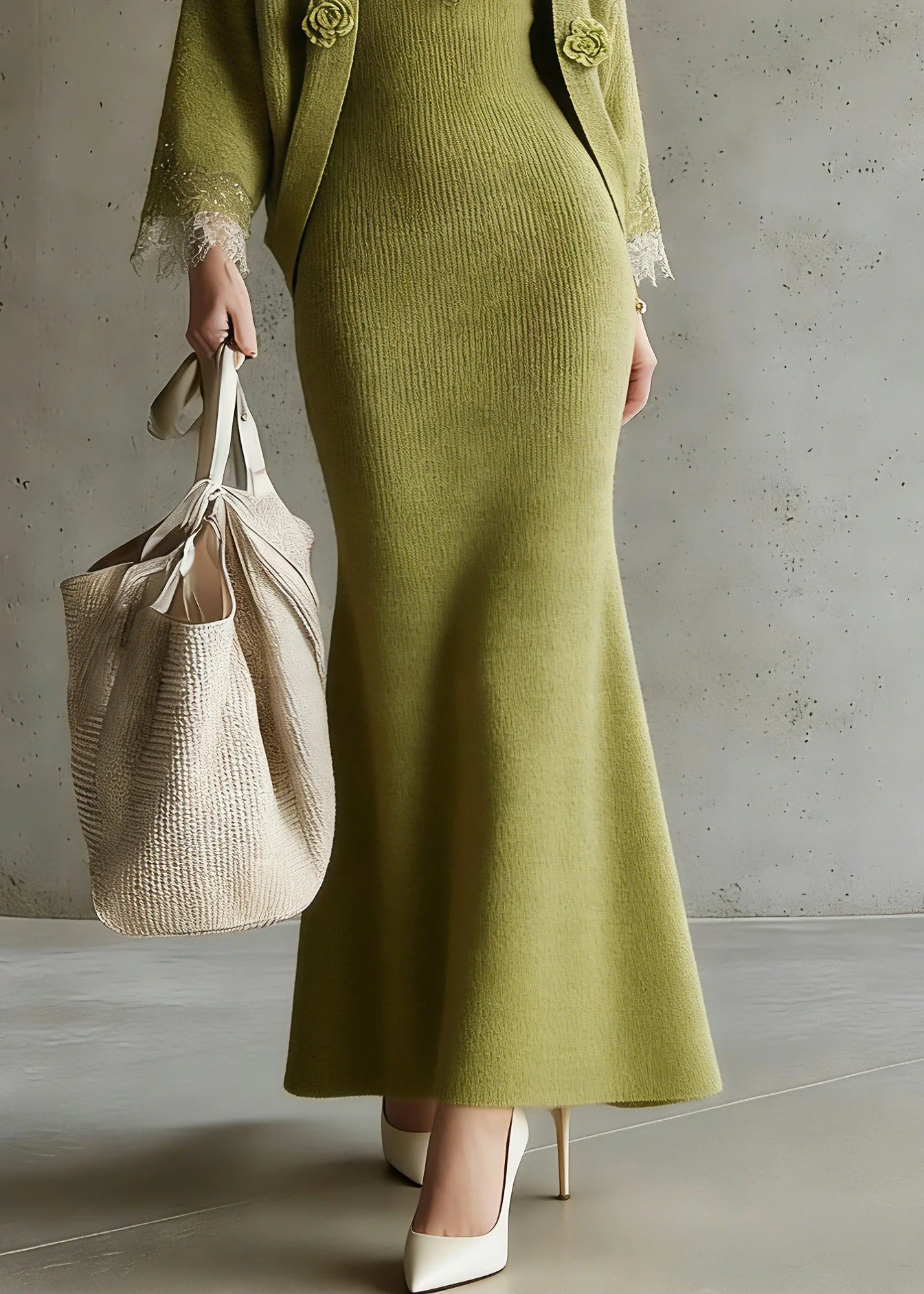 Fitted Green V Neck Sequins Cotton Knit Cardigans And Maxi Skirts Two Pieces Set Three Quarter Sleeve - Image 4