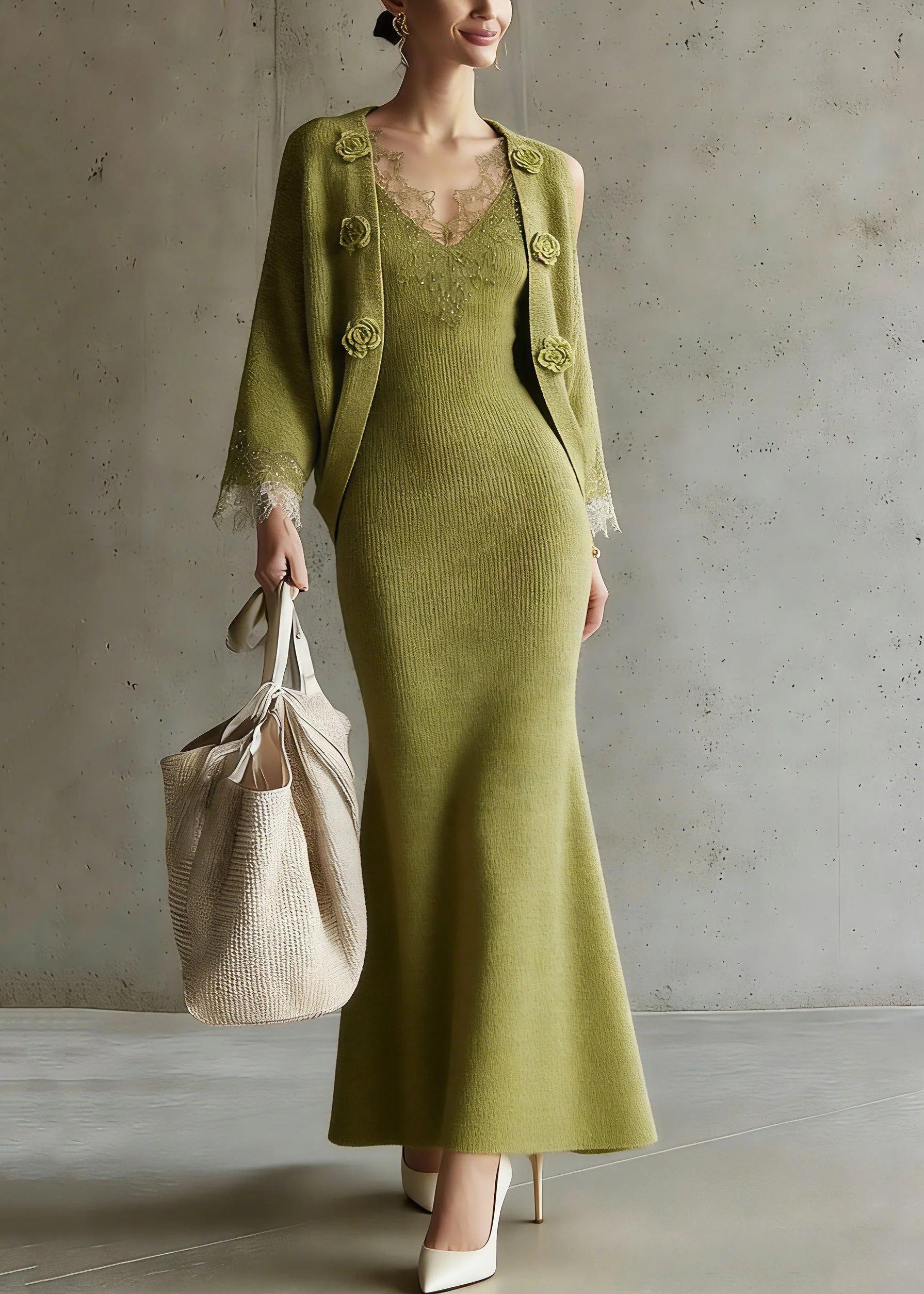 Fitted Green V Neck Sequins Cotton Knit Cardigans And Maxi Skirts Two Pieces Set Three Quarter Sleeve - Image 5