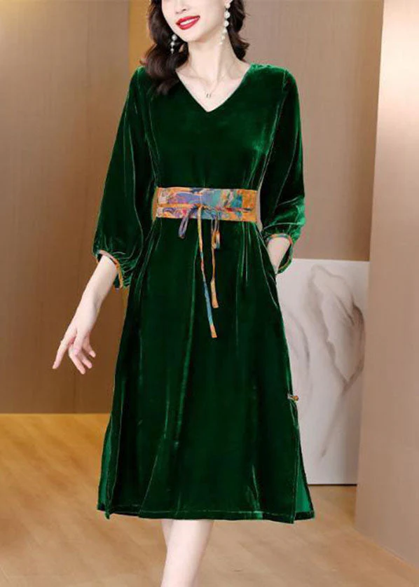 Fitted Green V Neck Side Open Silk Velour Cinch Dresses Fall - Image 2