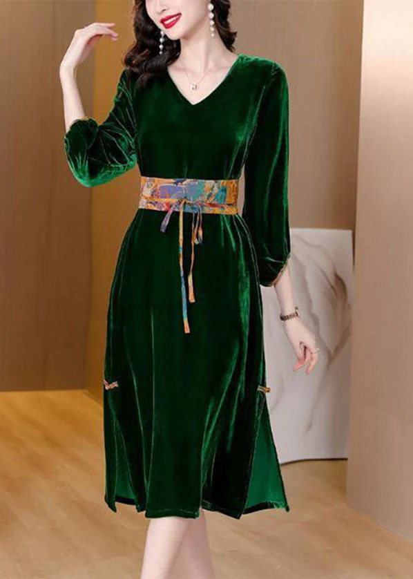 Fitted Green V Neck Side Open Silk Velour Cinch Dresses Fall - Image 3