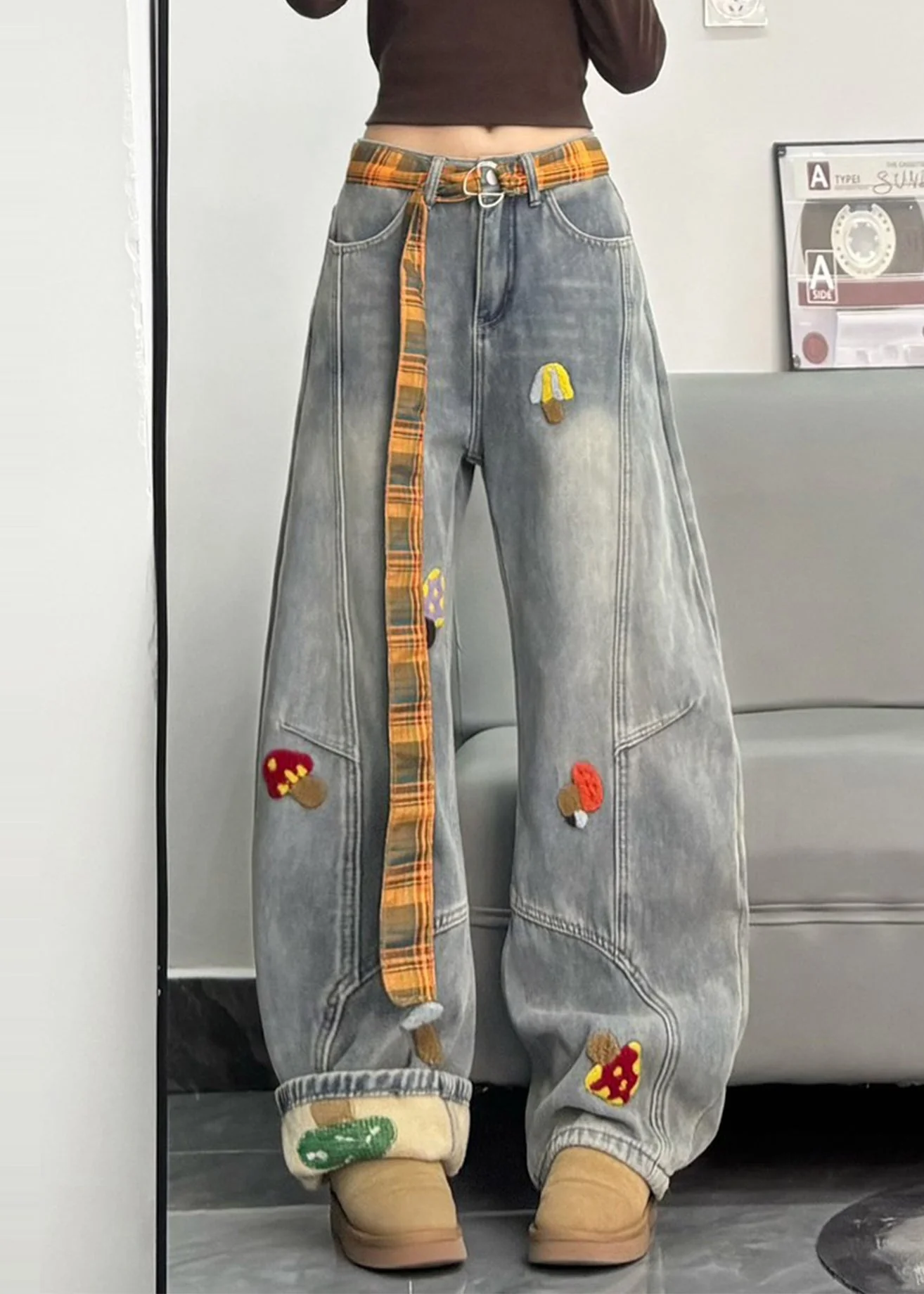 Fitted Grey Embroidered Patchwork DenimWarm Fleece Pants Winter