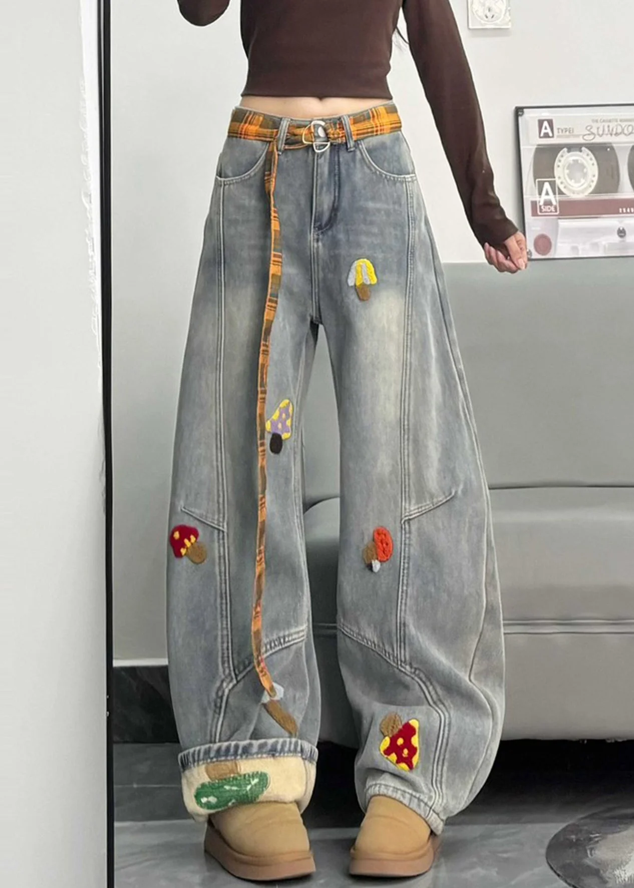 Fitted Grey Embroidered Patchwork DenimWarm Fleece Pants Winter - Image 2