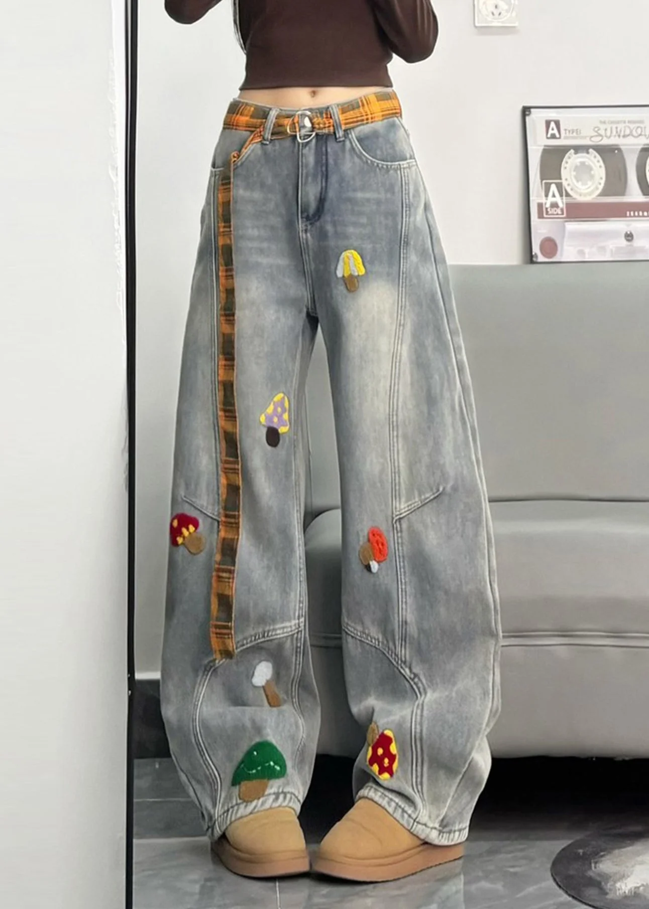Fitted Grey Embroidered Patchwork DenimWarm Fleece Pants Winter - Image 3