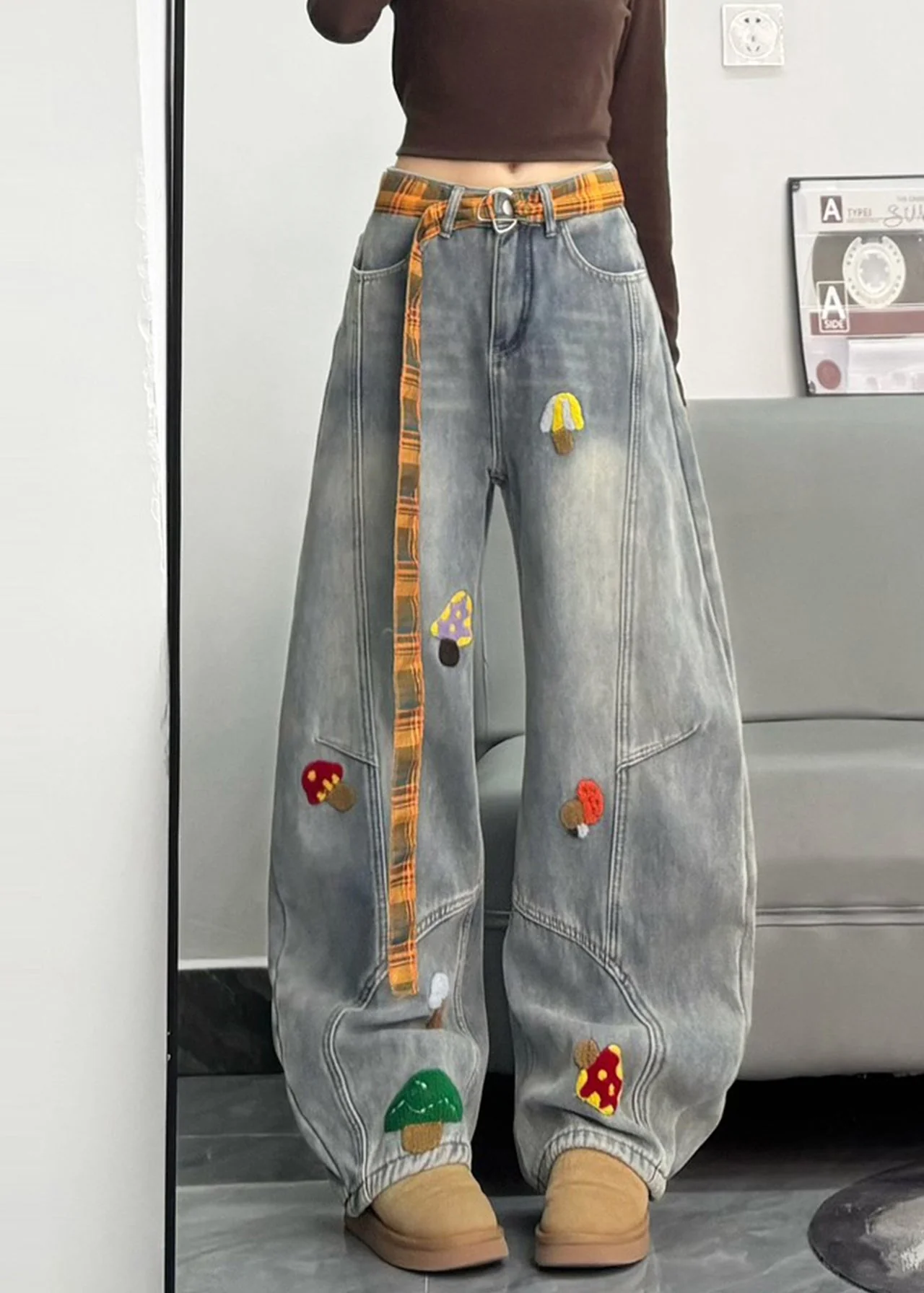 Fitted Grey Embroidered Patchwork DenimWarm Fleece Pants Winter - Image 4