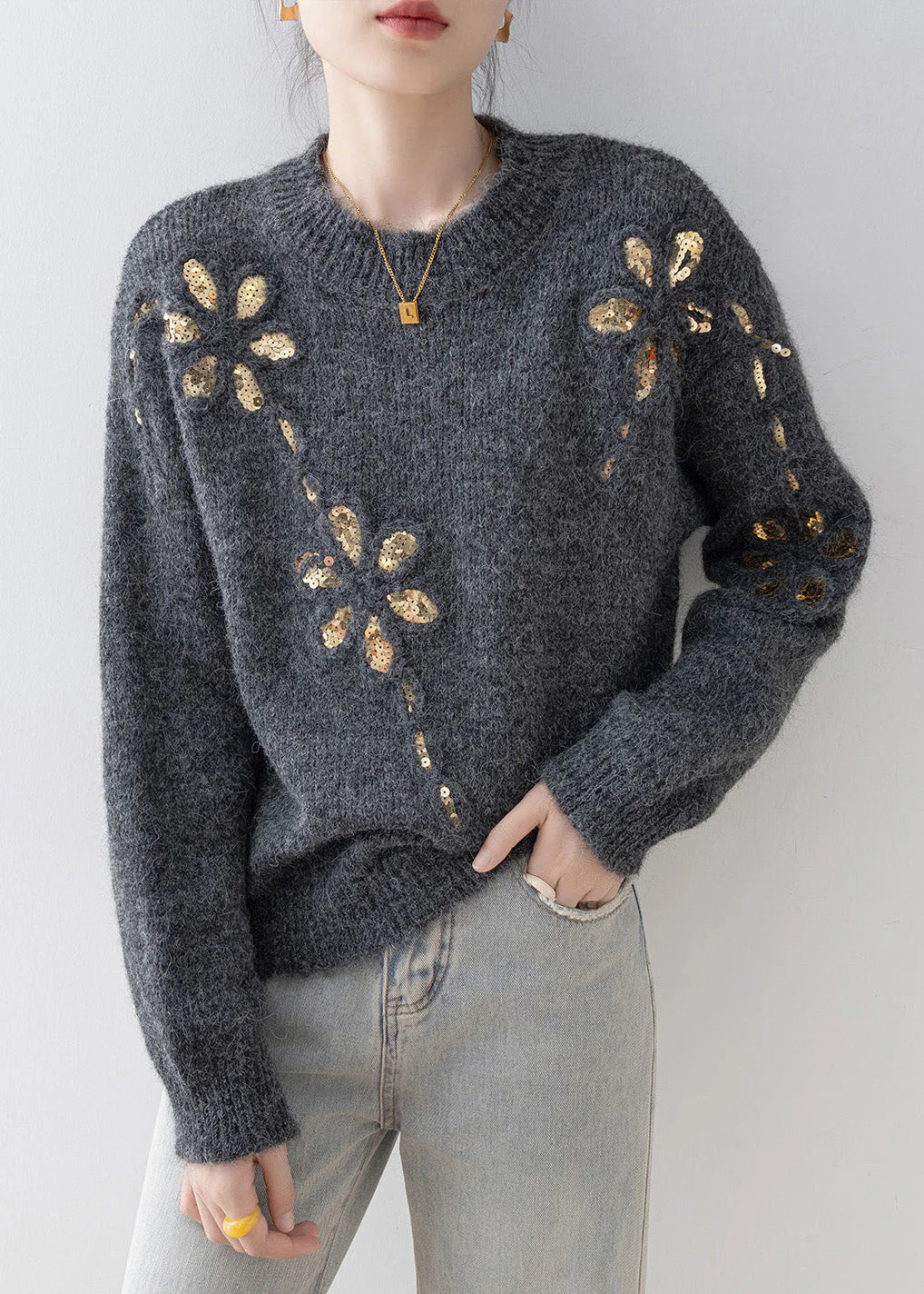 Fitted Grey O Neck Sequins Loose Knit Sweaters Spring