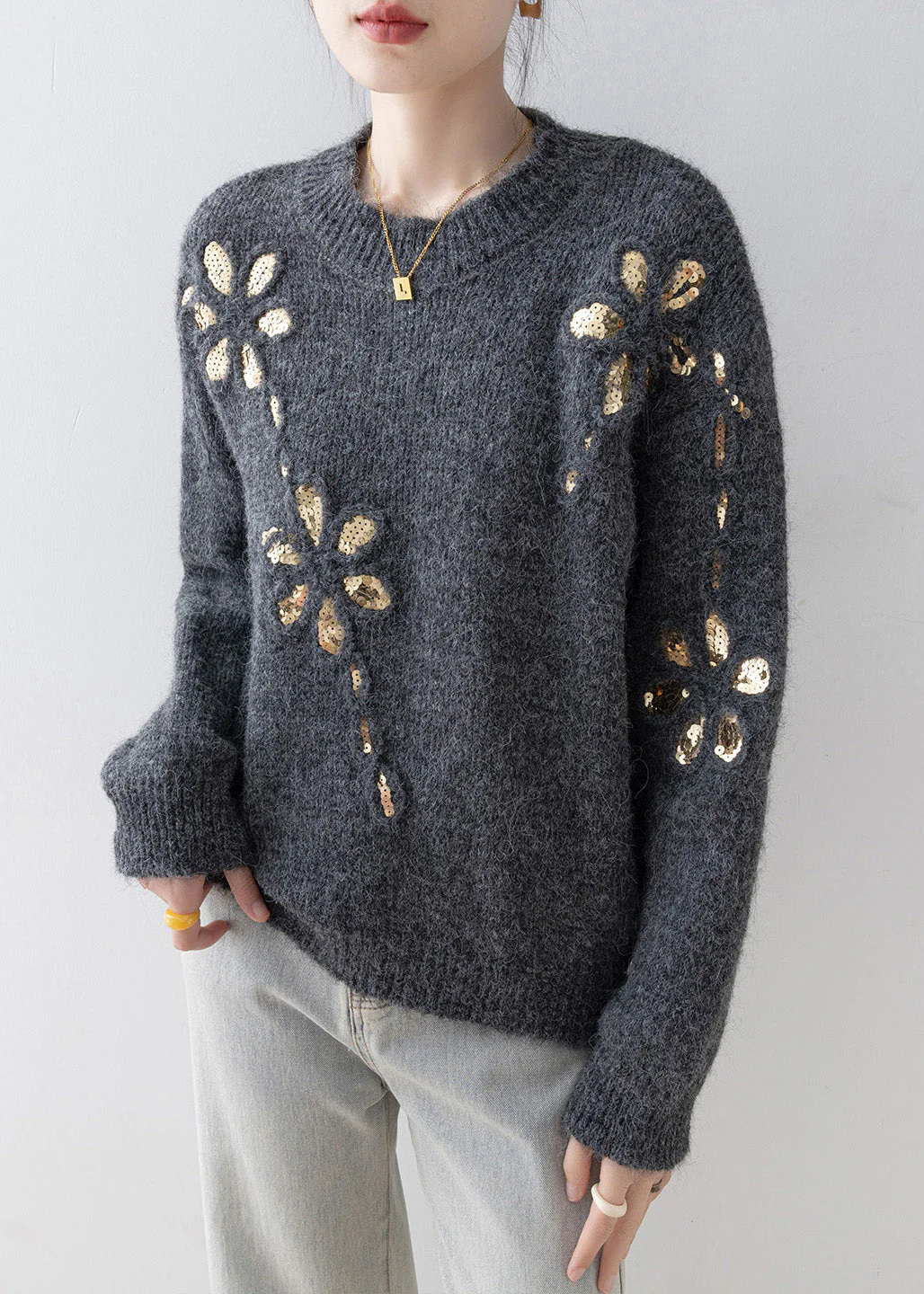 Fitted Grey O Neck Sequins Loose Knit Sweaters Spring - Image 2