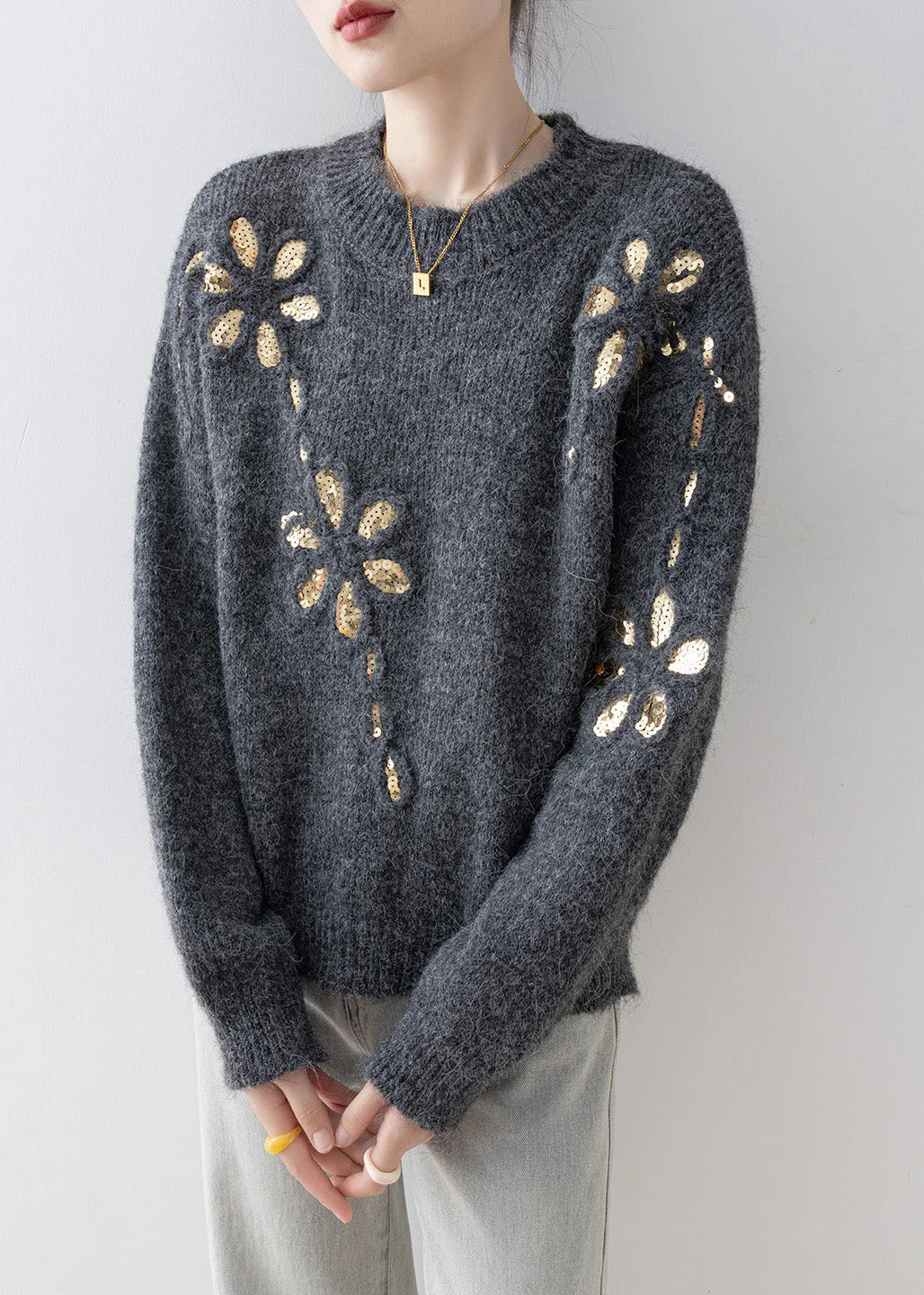 Fitted Grey O Neck Sequins Loose Knit Sweaters Spring - Image 3