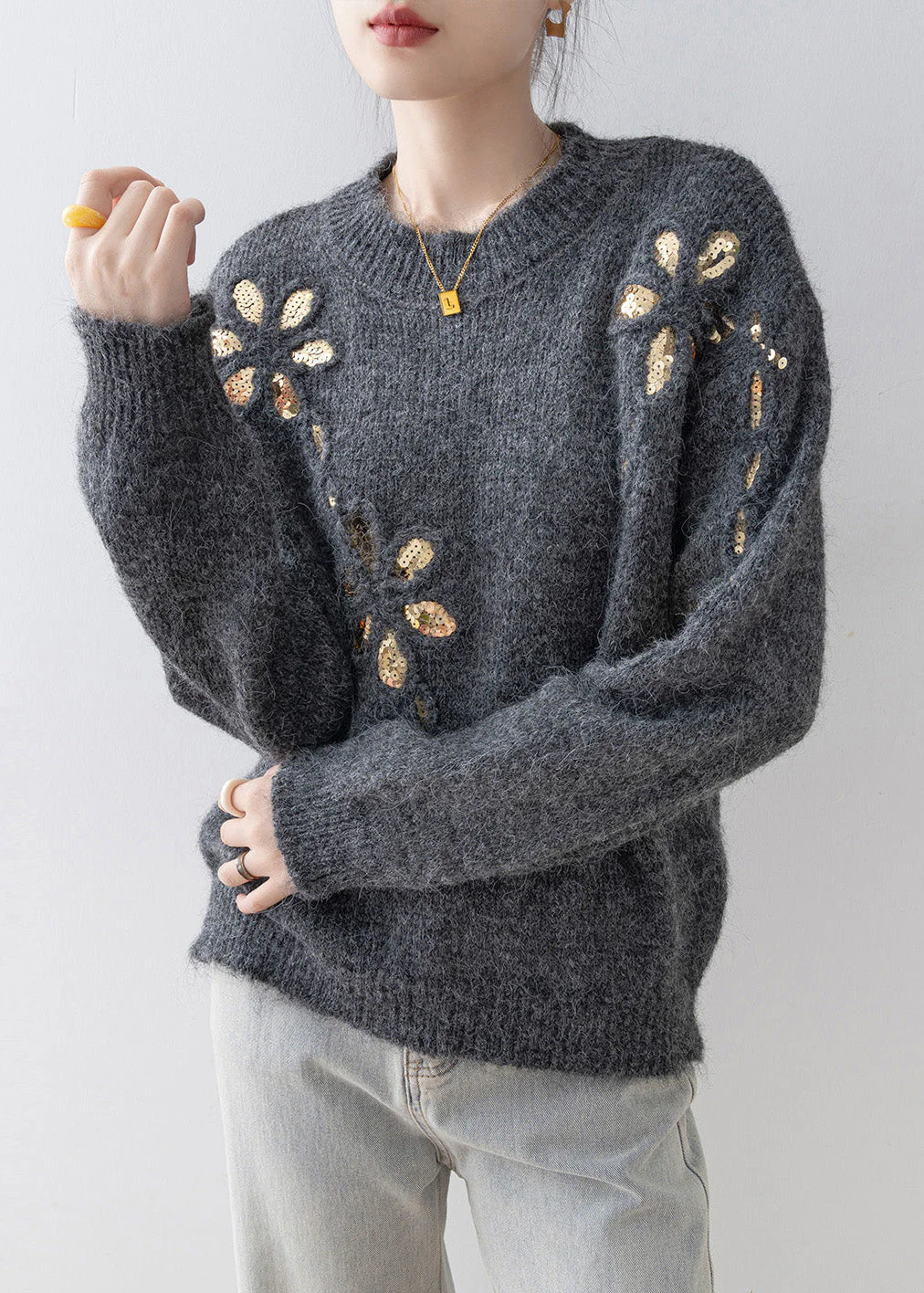 Fitted Grey O Neck Sequins Loose Knit Sweaters Spring - Image 4