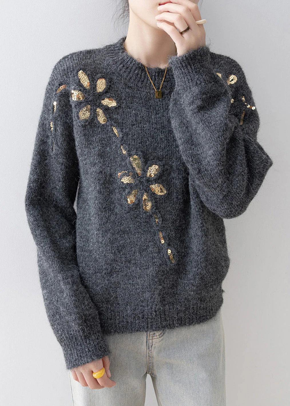 Fitted Grey O Neck Sequins Loose Knit Sweaters Spring - Image 5