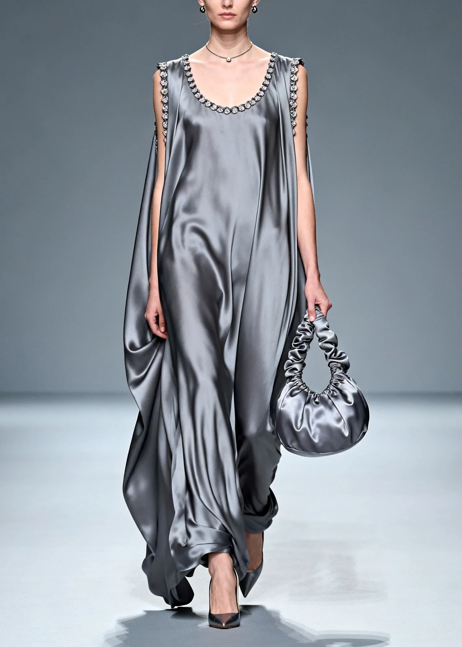 Fitted Grey Oversized Draping Silk Vacation Dresses Sleeveless - Image 3