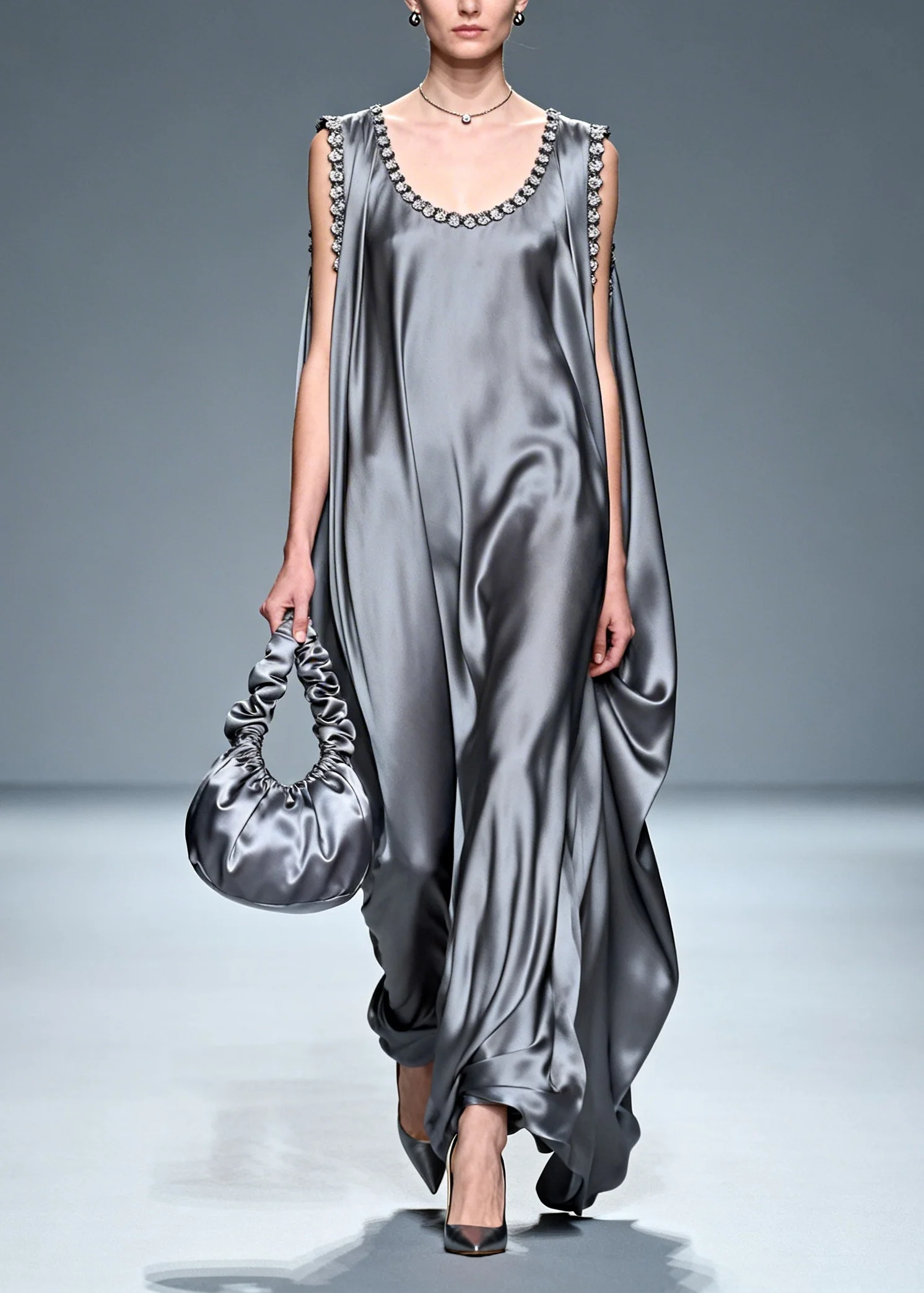 Fitted Grey Oversized Draping Silk Vacation Dresses Sleeveless - Image 5